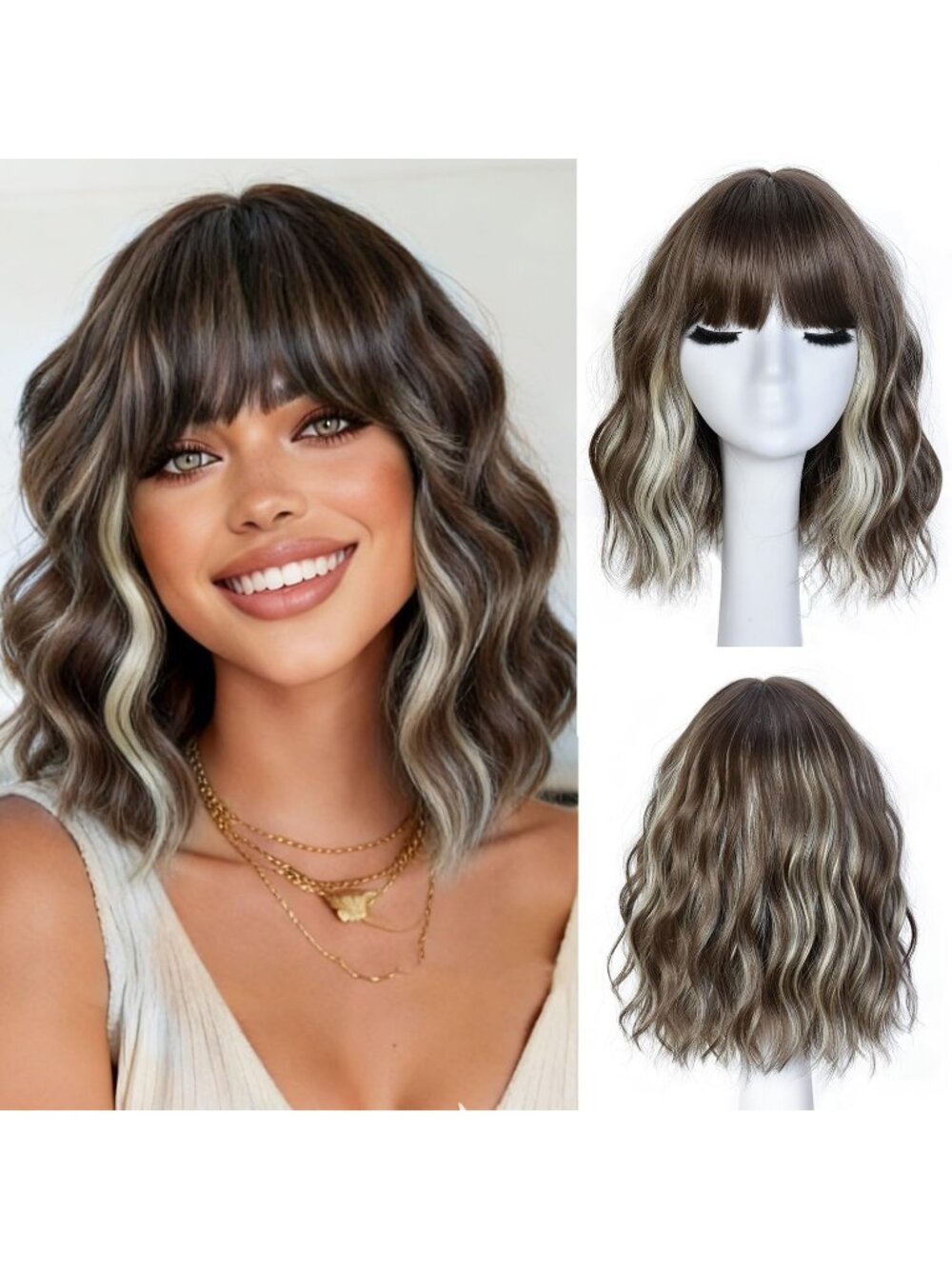 Women's Light Brown 14 Inch Natural Synthetic Short Curly Wavy Fiber Wigs